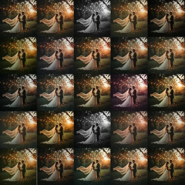 Elegant wedding photography color grading bundle featuring 25 unique professional actions.