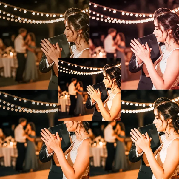Romantic wedding photography color grading action with 5 different professional tones.