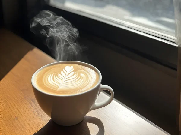 A cup of hot coffee on a table near a window enhanced by the gentle glow of the Soft Light Photoshop Action.