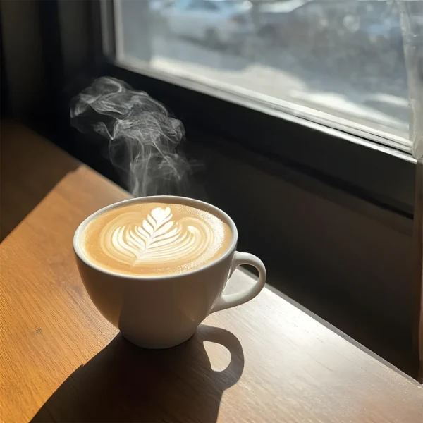 A cup of hot coffee on a table near a window enhanced by the gentle glow of the Soft Light Photoshop Action.